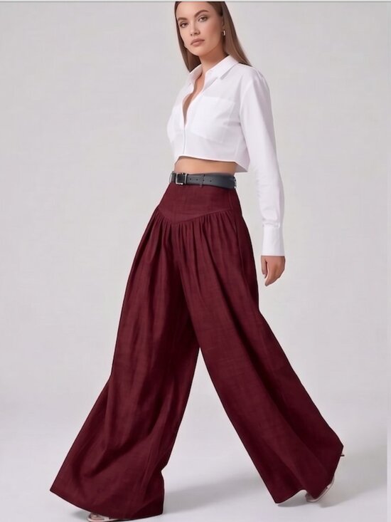 By Design Pants - High Waisted Yoke Pleated Wide Leg Palazzo Pants Burgundy